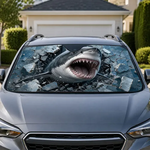 Great White Shark Breaking Tile Wall for Ocean Lover Road Trips and Beach Drives Car Sunshade