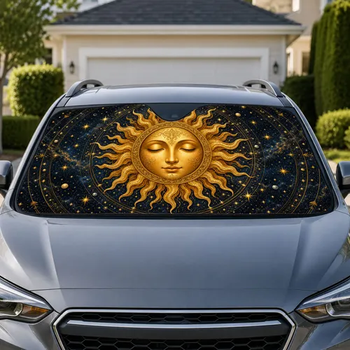 Golden Celestial Sun Face for Mystic Road Trips, Outdoor Parking, and Daily Commuters Car Sunshade