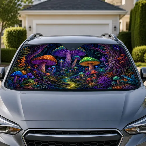 Glowing Fantasy Mushroom Forest Decor For Summer Road Trips And Boho Nature Lovers Car Sunshade