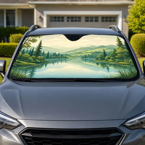 Serene Lakeside Valley Forest Scene for Peaceful Everyday Road Trips and Nature Lovers Car Sunshade