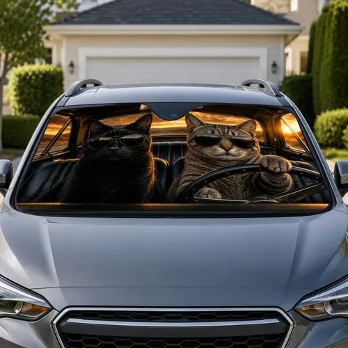 Black Cat And Tabby In Sunglasses Driving At Sunset For Cat Lover Road Trip Gifts Car Sunshade