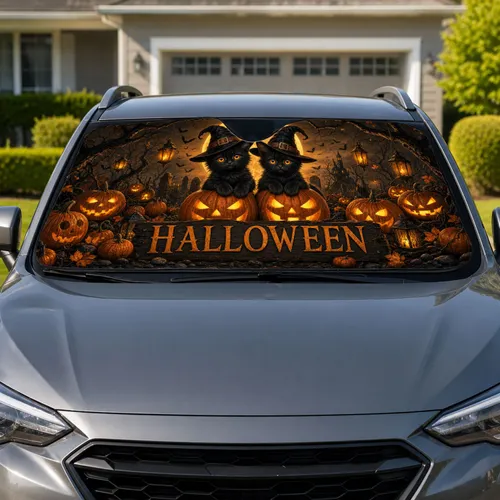 Halloween Black Kittens With Witch Hats And Pumpkins for Spooky Autumn Road Trips Car Sunshade
