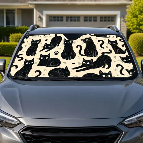 Whimsical Black Cats With Cream Background For Daily Commutes And Cat Lover Road Trips Car Sunshade