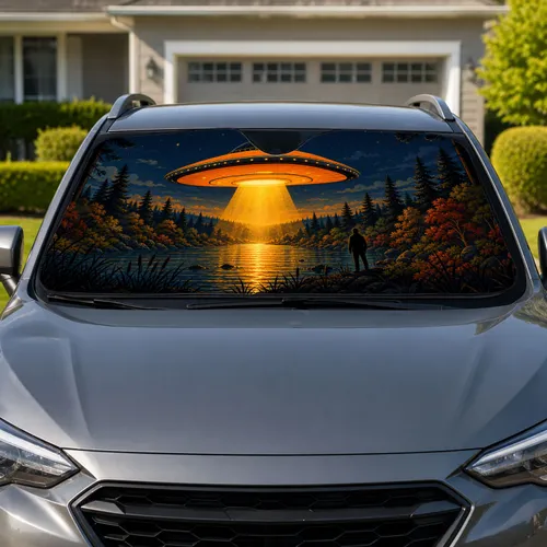 Glowing UFO Over Midnight Forest River Night Scene for Road Trips and Sci Fi Fans Car Sunshade