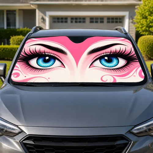 Bubblegum Pink Cartoon Eyes For Fun Feminine Road Trips, Commutes, And Gift Giving Car Sunshade
