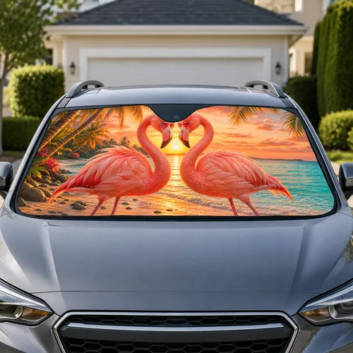 Pink Flamingo Tropical Sunset Beach Decor for Summer Road Trips and Beach Lovers Car Sunshade