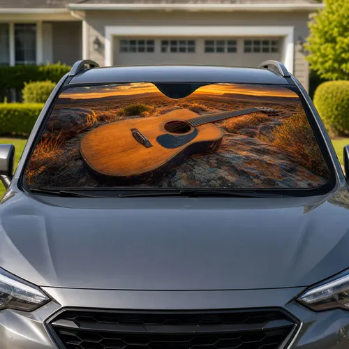 Acoustic Guitar Desert Sunset Landscape for Music Lovers and Road Trip Adventures Car Sunshade