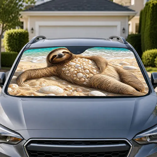 Beach Sloth With Seashell Belly For Tropical Summer Travel And Coastal Animal Lovers Car Sunshade
