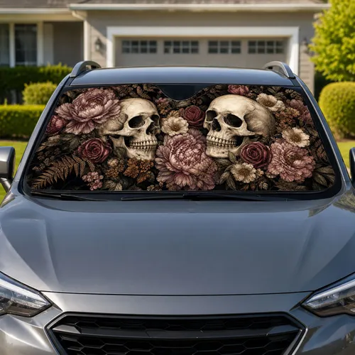 Vintage Gothic Skull And Floral Collage For Halloween Decor And Dark Romance Lovers Car Sunshade