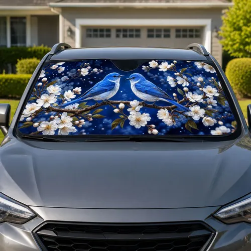 Blue Songbirds And Cherry Blossoms For Romantic Spring Road Trip Interior Decor Lovers Car Sunshade