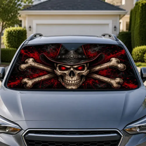 Gothic Cowboy Skull With Crossbones Crimson Red Accents for Halloween Road Trips Car Sunshade