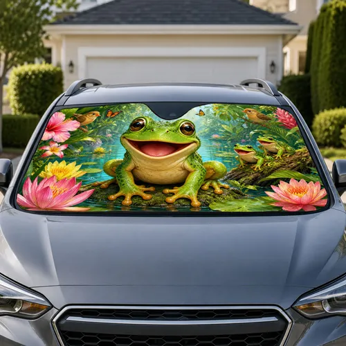 Joyful Frog Family Lily Pond Forest Travel Road Trip Decor for Nature Loving Drivers Car Sunshade