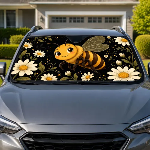 Cheerful Honey Bee With Daisies For Spring Road Trips And Outdoor Loving Drivers Car Sunshade