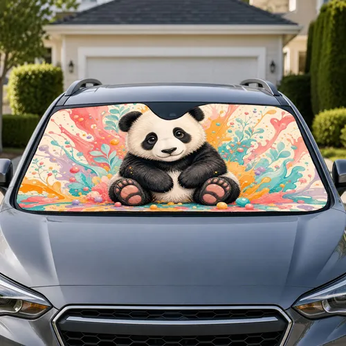 Cute Panda With Colorful Paint Splashes For Cheerful Everyday Driving Gift Decor Car Sunshade