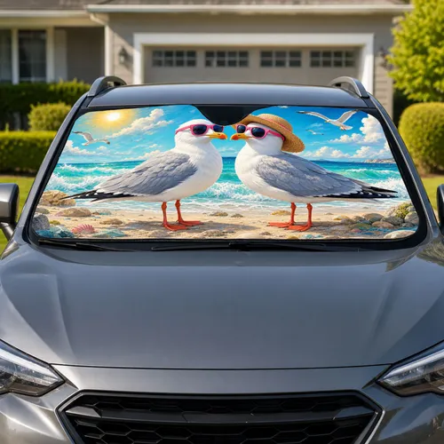 Pink Sunglasses Seagulls On Tropical Beach For Summer Road Trips And Coastal Getaway Fans Car Sunshade