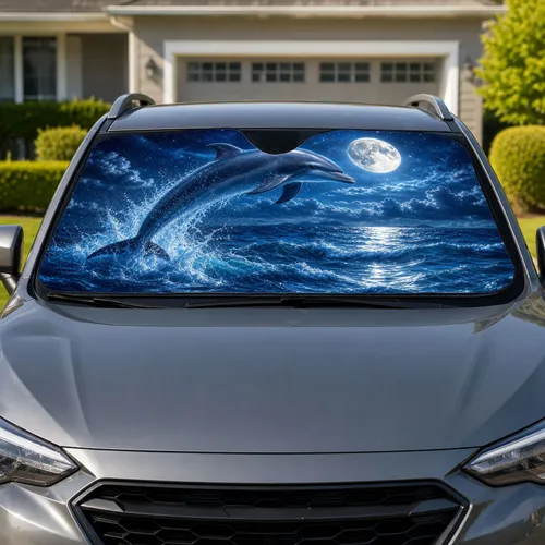 Leaping Dolphin Under Full Moon Ocean Waves For Night Drive Coastal Beach Lovers Car Sunshade