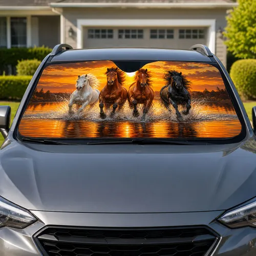 Galloping Horses At Golden Sunset For Equestrian Road Trip Adventure Enthusiasts Car Sunshade