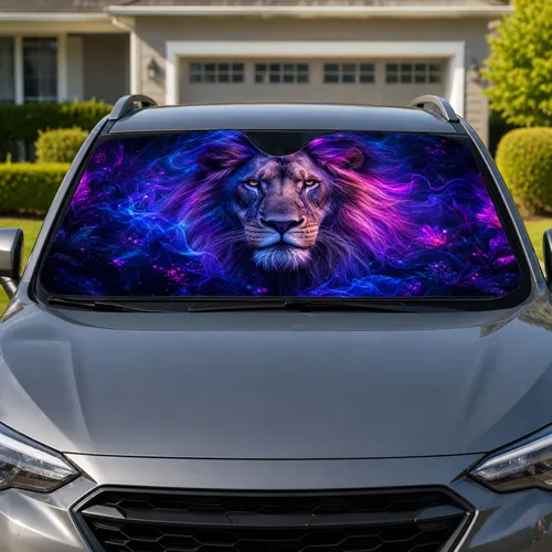 Electric Blue Lion Portrait For Gothic Vehicle Decor And Night Drive Style Lovers Car Sunshade