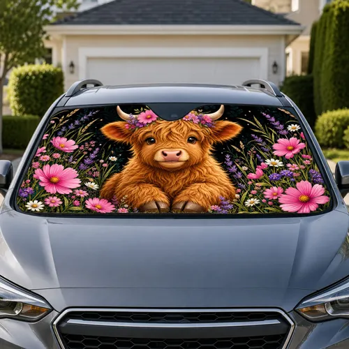 Cute Highland Cow Flower Crown Floral Meadow Gift for Cow Lovers and New Drivers Car Sunshade