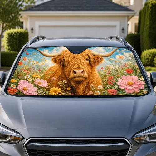 Highland Cow Wildflower Meadow for Rustic Farmhouse Road Trip And Country Life Lovers Car Sunshade