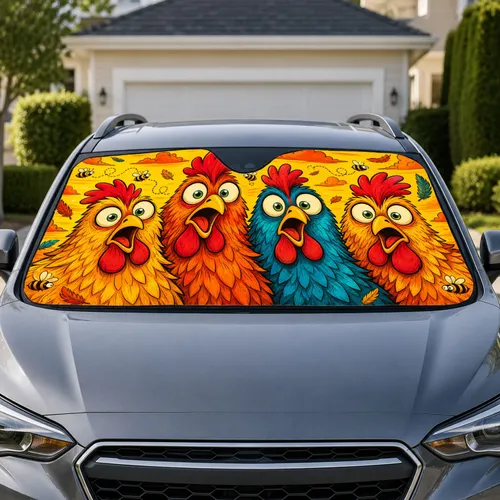 Funny Colorful Chicken Crew for Sunny Road Trips and Farmyard Comedy Lovers Car Sunshade