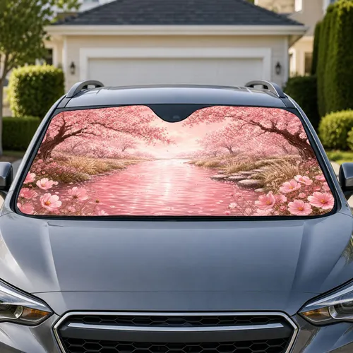Cherry Blossom River Landscape for Serene Spring Driving and Pink Floral Interior Decor Car Sunshade