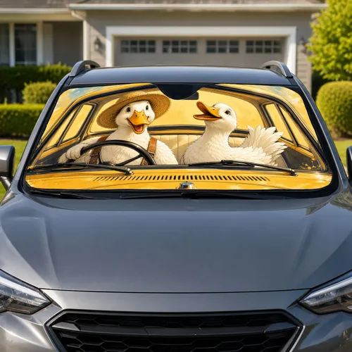 Vintage Yellow Automobile With Cheerful White Ducks For Summer Road Trips And Country Fans Car Sunshade