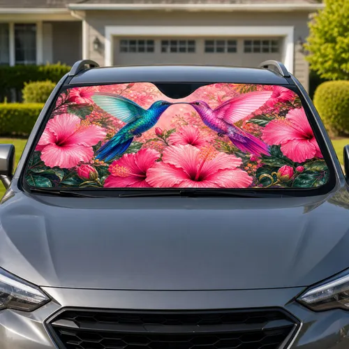 Turquoise Hummingbirds And Pink Hibiscus Garden Romantic Valentine Gift For Women Car Sunshade