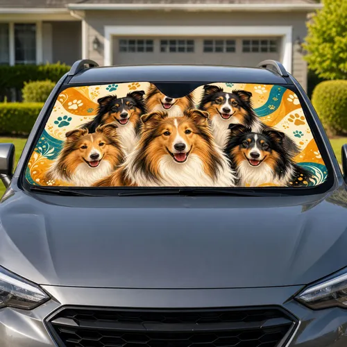 Six Shetland Sheepdogs With Colorful Paw Ribbons For Sheltie Family Road Trip Lovers Car Sunshade
