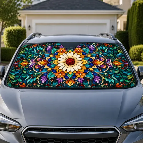 Stained Glass Floral Mandala For Colorful Daily Commutes And Weekend Road Trip Lovers Car Sunshade
