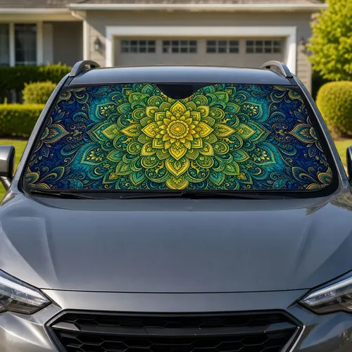 Blue Teal Floral Mandala UV Interior Decor For Daily Commuters And Road Trip Drivers Car Sunshade