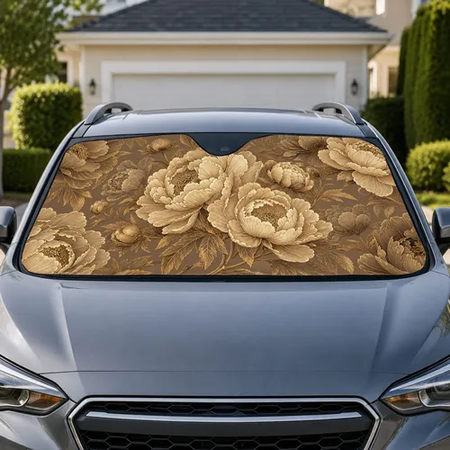 Antique Gold Peony Florals For Elegant Everyday Driving And Stylish Car Owner Gifts Car Sunshade