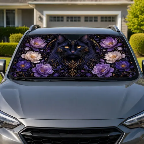 Elegant Black Cat Gothic Floral Garden For Moonlit Road Trips And Feline Lovers Car Sunshade