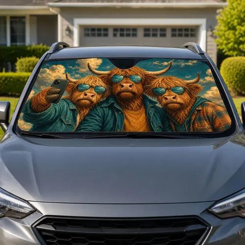 Highland Cow Selfie Trio With Teal Sunglasses For Road Trips And Country Drivers Car Sunshade