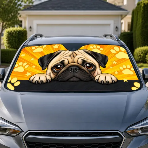 Cute Pug Puppy Cartoon for Pet Lovers Daily Commutes, New Drivers and Dog Mom Gifts Car Sunshade