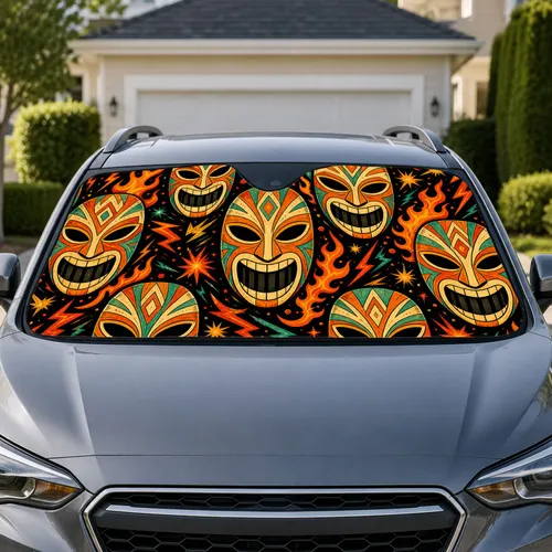 Retro Tribal Masks And Flames For Festival Road Trips And Bold Auto Culture Fans Car Sunshade