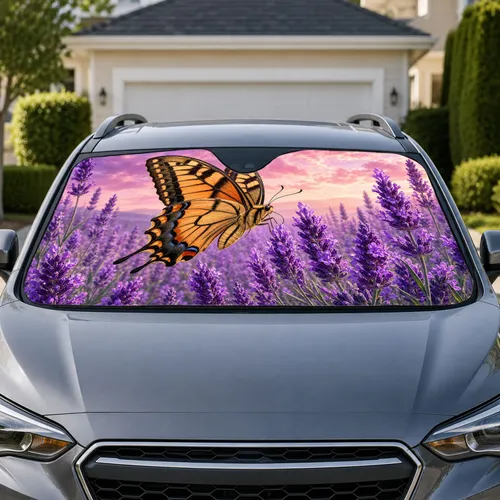 Orange Swallowtail Butterfly And Lavender Field UV Protection Gift For Garden Lovers Car Sunshade
