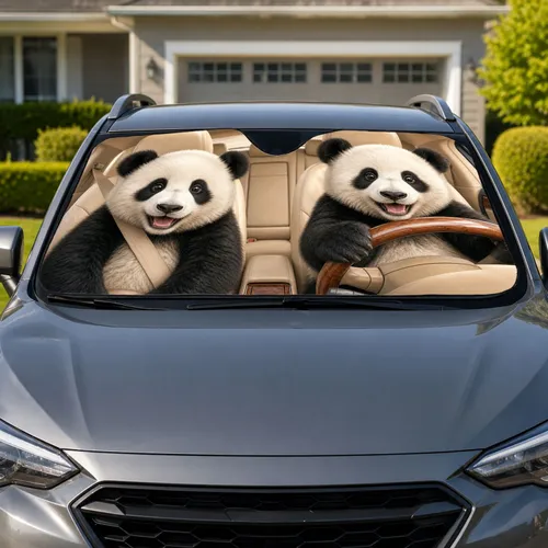 Cheerful Panda Cubs Driving Cozy Beige Interior For Daily Commutes And Animal Lovers Car Sunshade