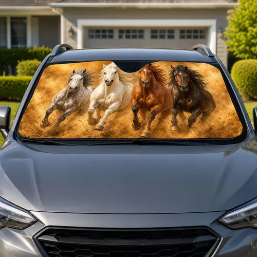 Four Galloping Horses Through Golden Desert Dust For Western Road Trip Enthusiasts Car Sunshade