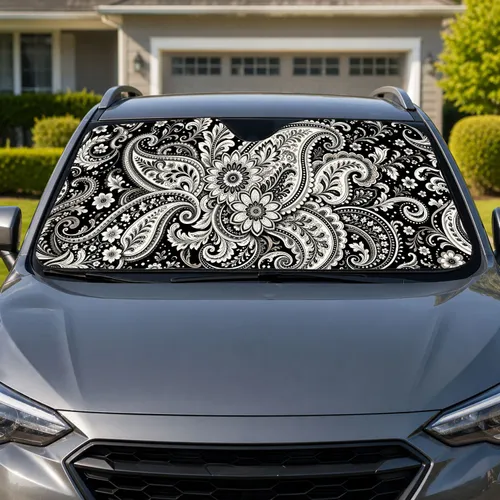 Black And White Paisley Floral Ornament For Stylish Everyday Road Trip Interiors Car Sunshade