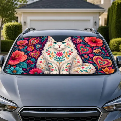 Colorful White Cat Floral Folk Art for Boho Road Trips, Daily Driving, and Cat Lovers Car Sunshade