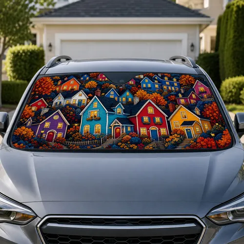 Colorful Autumn Village Houses For Cozy Fall Road Trips And Cottagecore Enthusiasts Car Sunshade