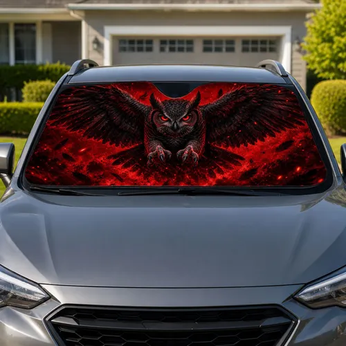 Red Eyed Horned Owl With Outstretched Wings For Dark Gothic Fantasy Drivers And Night Owls Car Sunshade