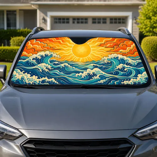 Golden Sun And Ocean Waves For Coastal Beach Road Trips And Summer Travel Lovers Car Sunshade