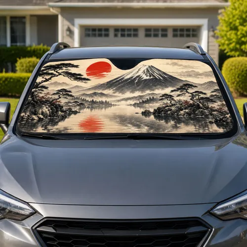 Japanese Mountain Lake Red Sun Scene for Calm Daily Commutes and Scenic Road Trips Car Sunshade