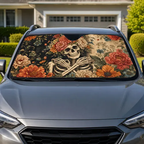 Floral Skeleton Gothic Botanical Decor for Halloween Road Trips and Alternative Style Car Sunshade