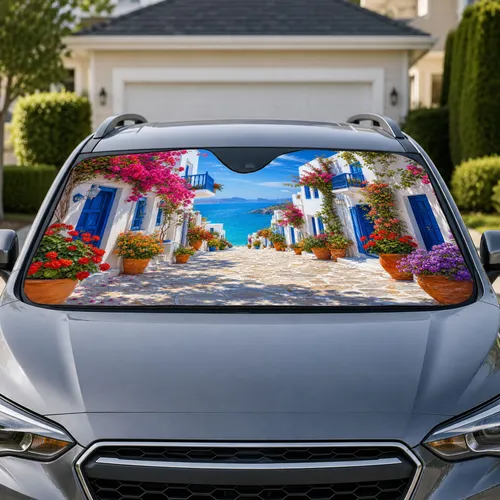 Greek Island Coastal Village With Blue Doors And Flowers For Summer Beach Drives Car Sunshade
