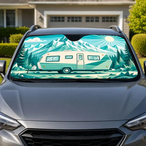 Vintage Travel Trailer Alpine Mountains for Camping Road Trips and Outdoor Adventure Fans Car Sunshade