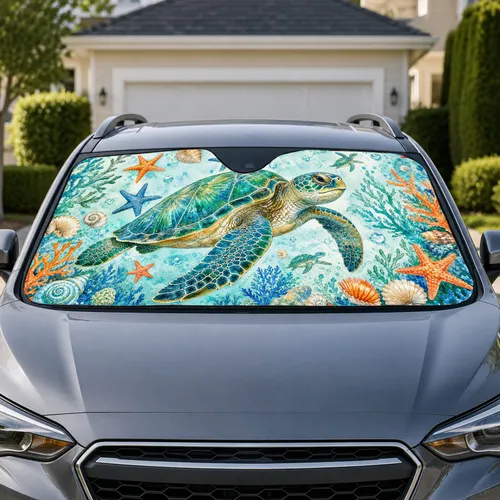 Watercolor Sea Turtle And Starfish Ocean Decor for Coastal Beach Road Trip Lovers Car Sunshade