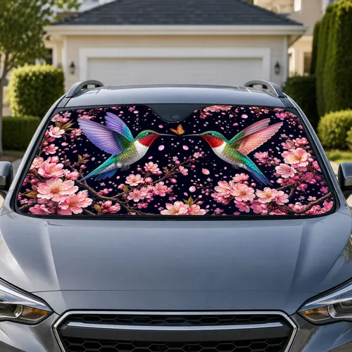Ruby-Throated Hummingbirds And Cherry Blossoms For Springtime Botanical Garden Lovers Car Sunshade